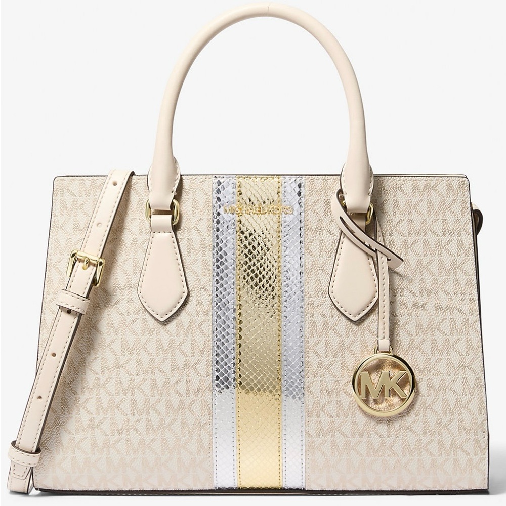 Michael Kors  Sheila Medium Signature Logo and Metallic Satchel